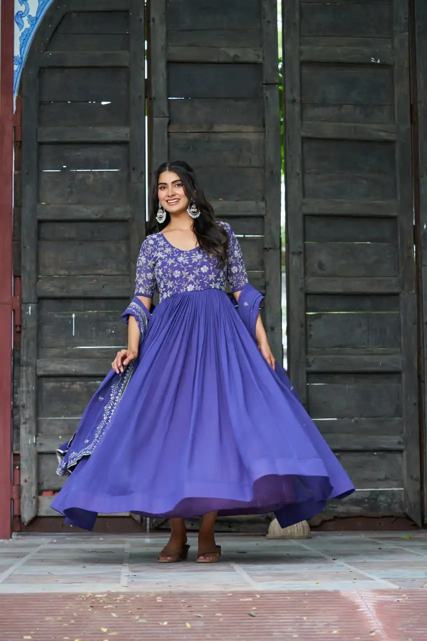 Moni 1204 Blue Faux Blooming Gown Dupatta 04 Pcs Set