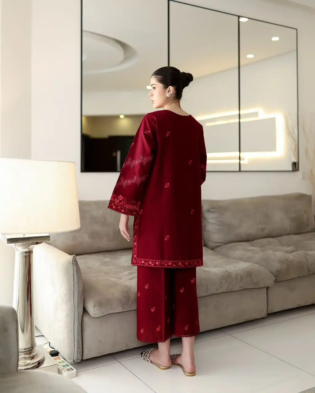 C585 1418 Maroon Rayon Cotton Co Ord Set 04 Pcs Set