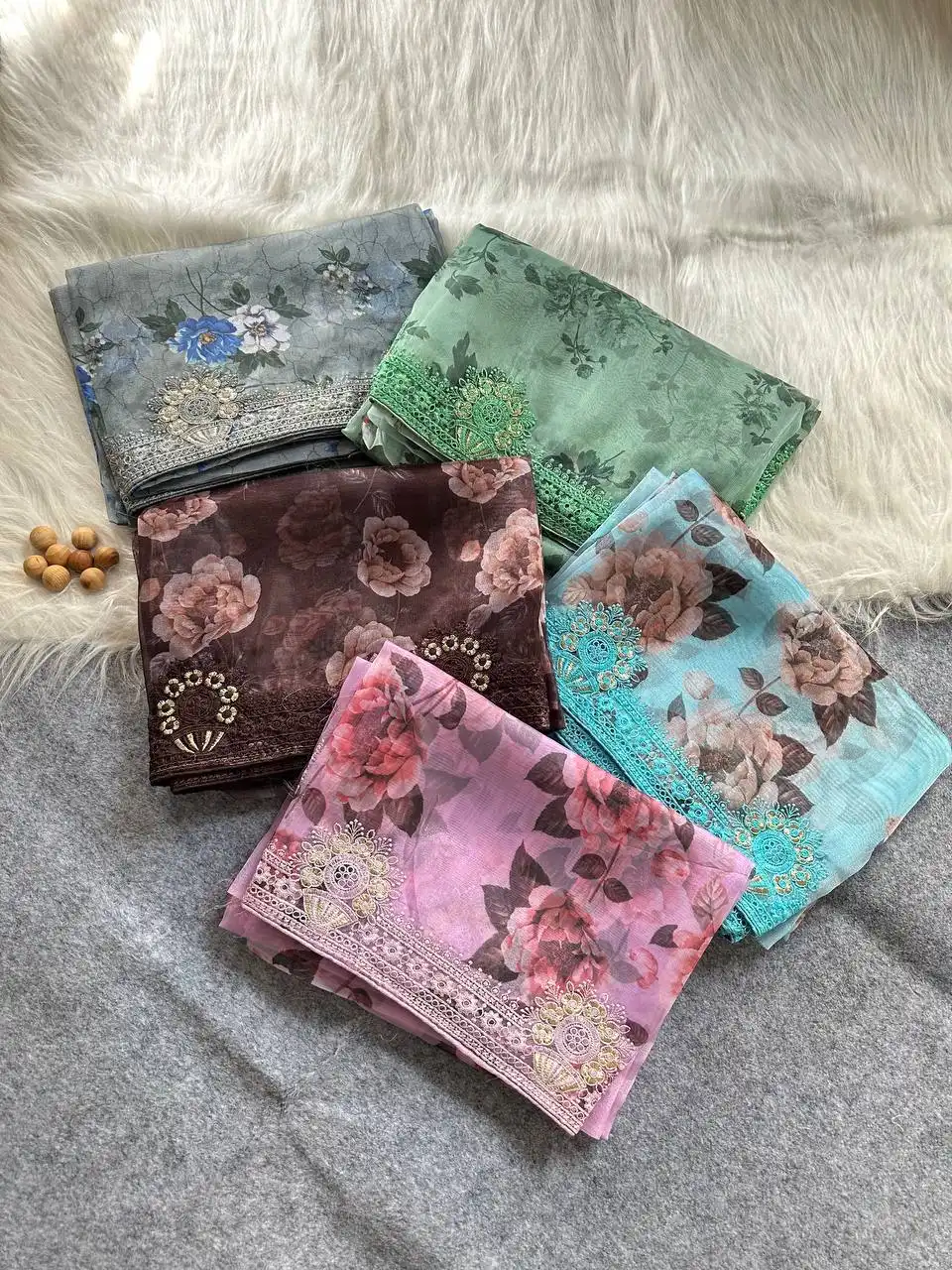 MHV Soft Organza Floral Printed Saree 05 Pcs Set