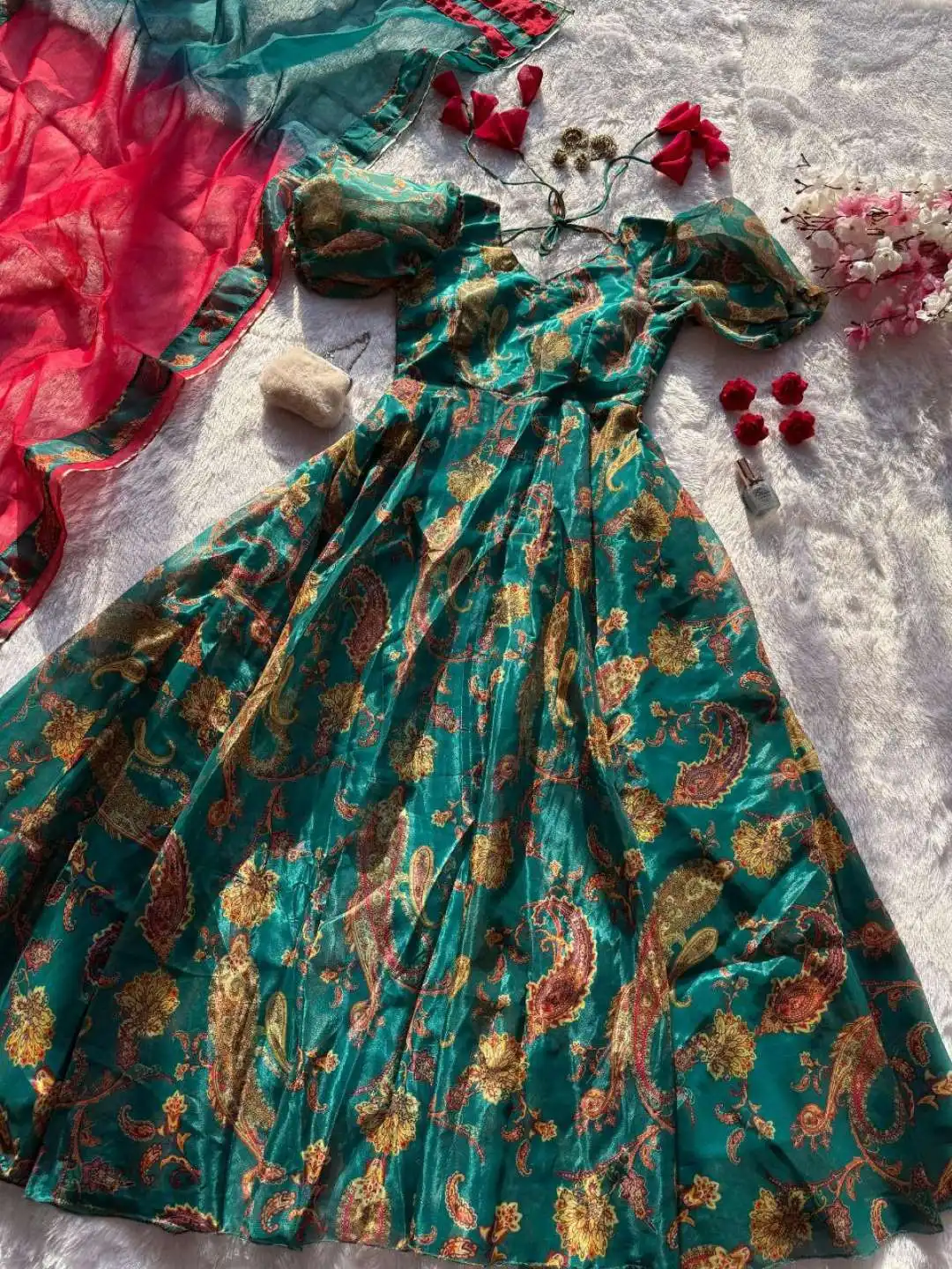 SWT 1184 Jimmy Organza Silk Gown Dupatta 05 Pcs Set