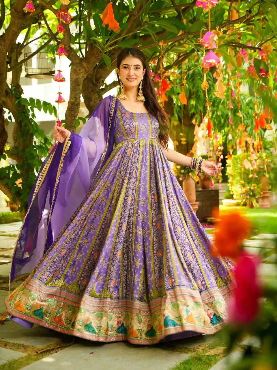 BDB 42 Chinon Silk Floral Printed Gown Dupatta 04 Pcs Set