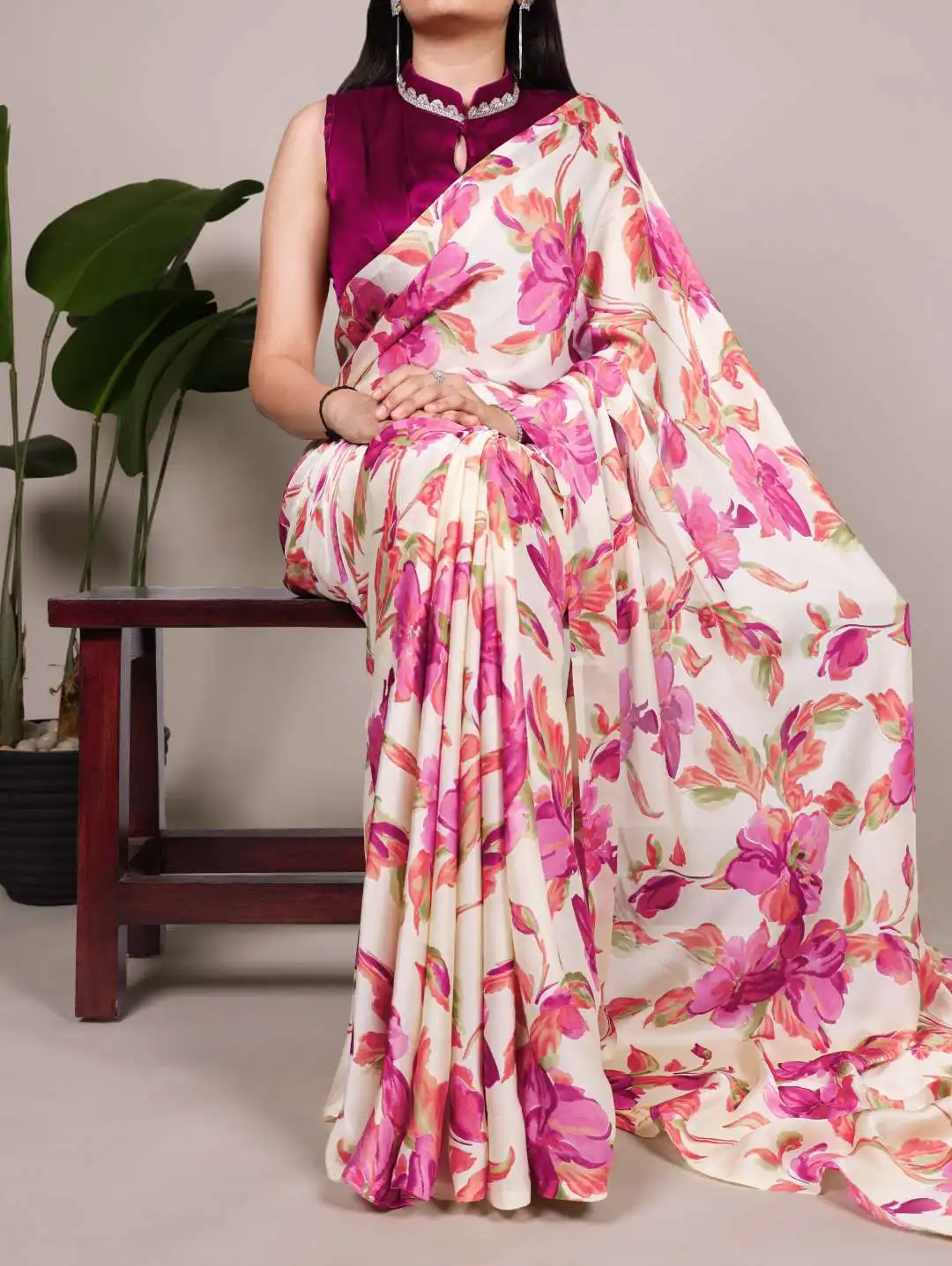 WMN 7008 Satin Silk Floral Printed Saree 04 Pcs Set