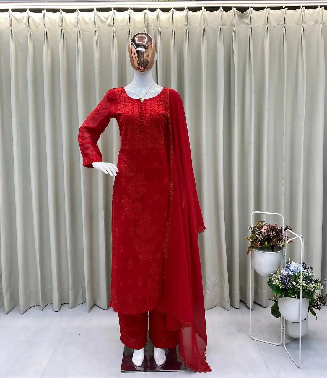 RM Red Georgette Readymade Dress 05 Pcs Set