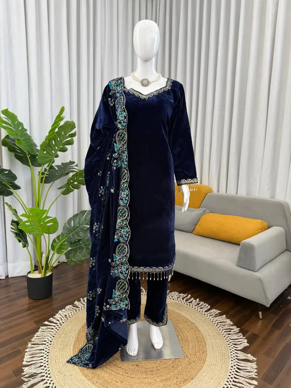Deepika 5936 Blue Viscose Velvet Readymade Dress 04 Pcs Set