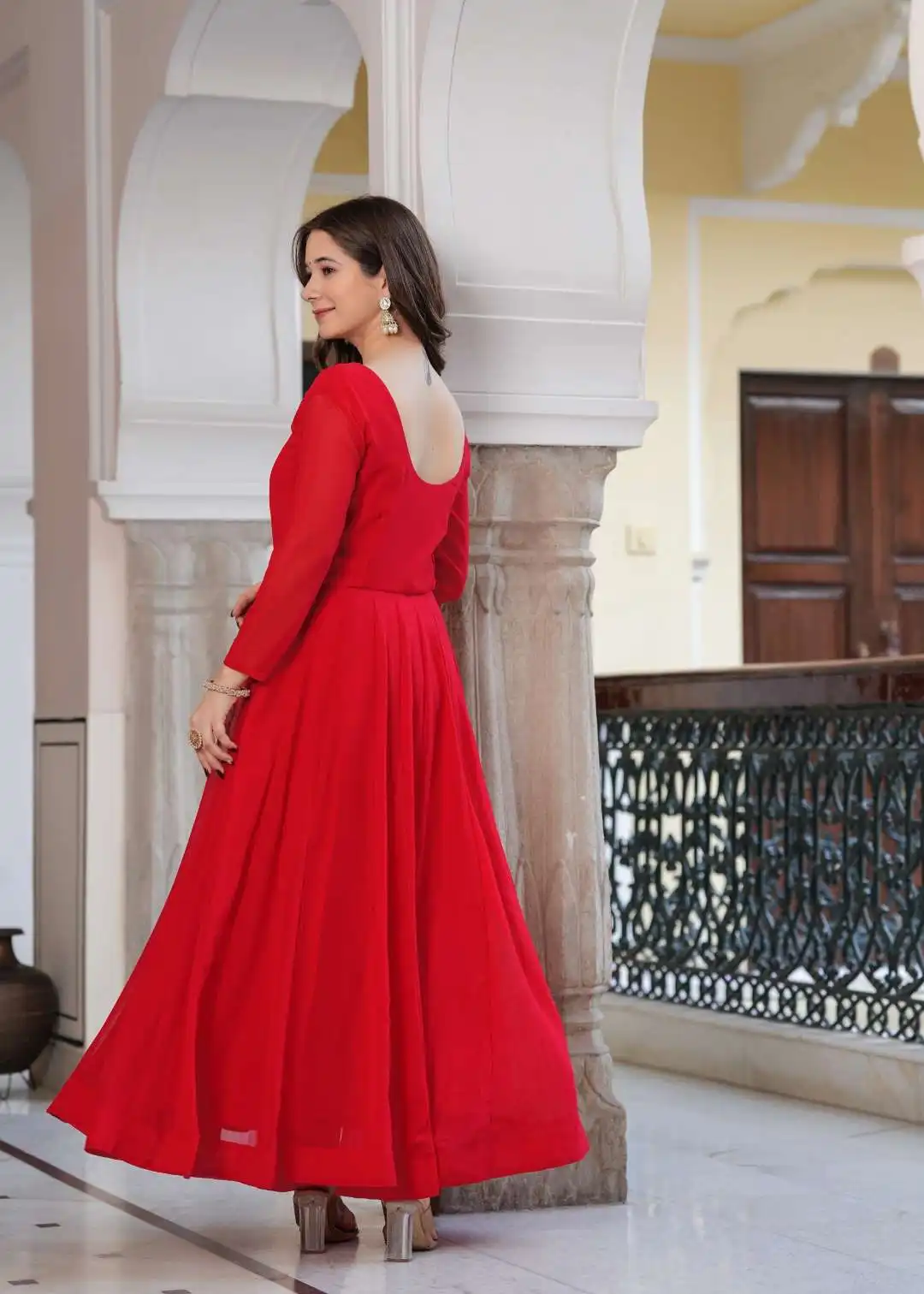 Shiv Vol 49 Red Georgette Gown Pant Dupatta 04 Pcs Set