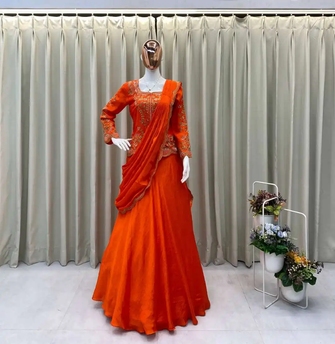 BV 407 Orange Chinon Party Wear Lahenga Sari Blouse