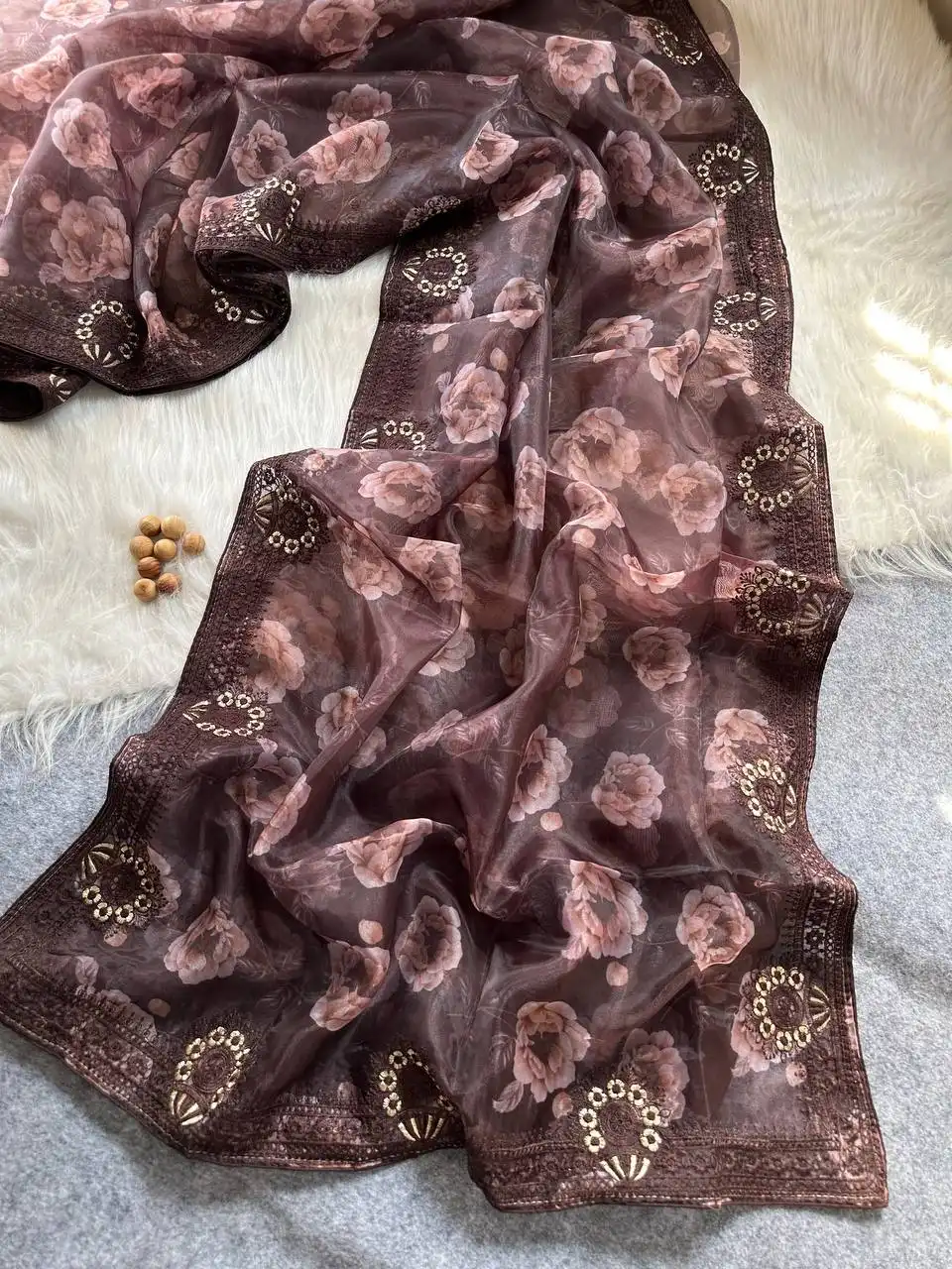 MHV Soft Organza Floral Printed Saree 05 Pcs Set