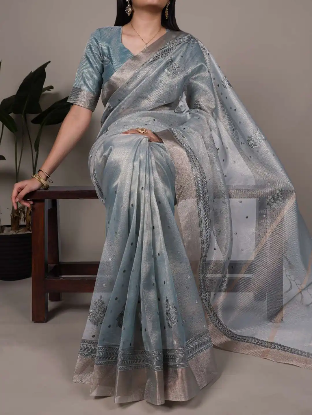 WMN 7402 Poly Shimmer Embroidery Saree 05 Pcs Set