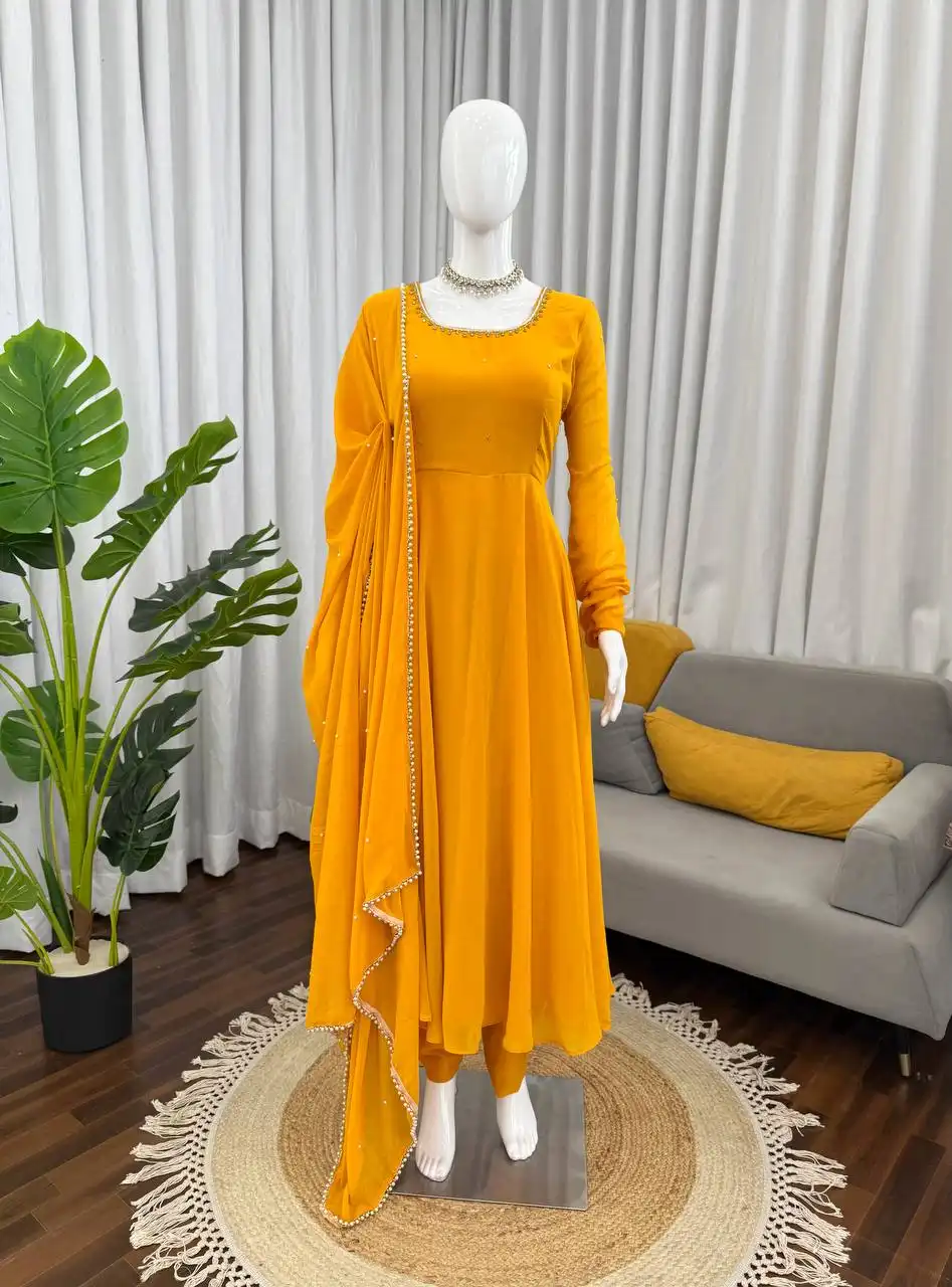 Deepika 5935 Yellow Foux Gorgette Readymade Dress 04 Pcs Set