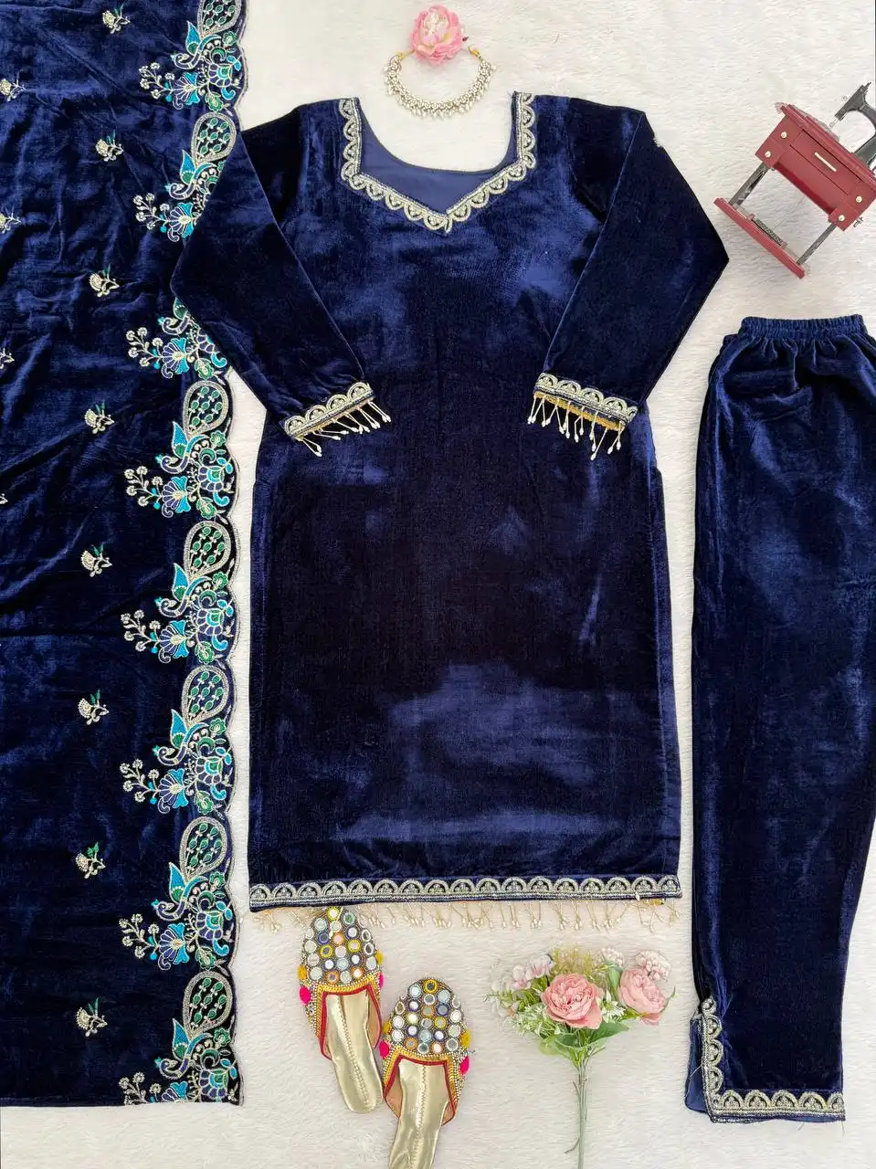 Deepika 5936 Blue Viscose Velvet Readymade Dress 04 Pcs Set