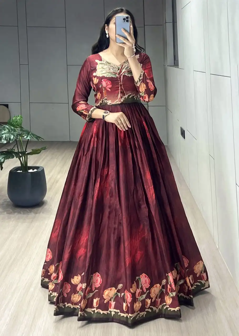 WMT 9031 Manipuri Silk Floral Printed Gown 03 Pcs Set