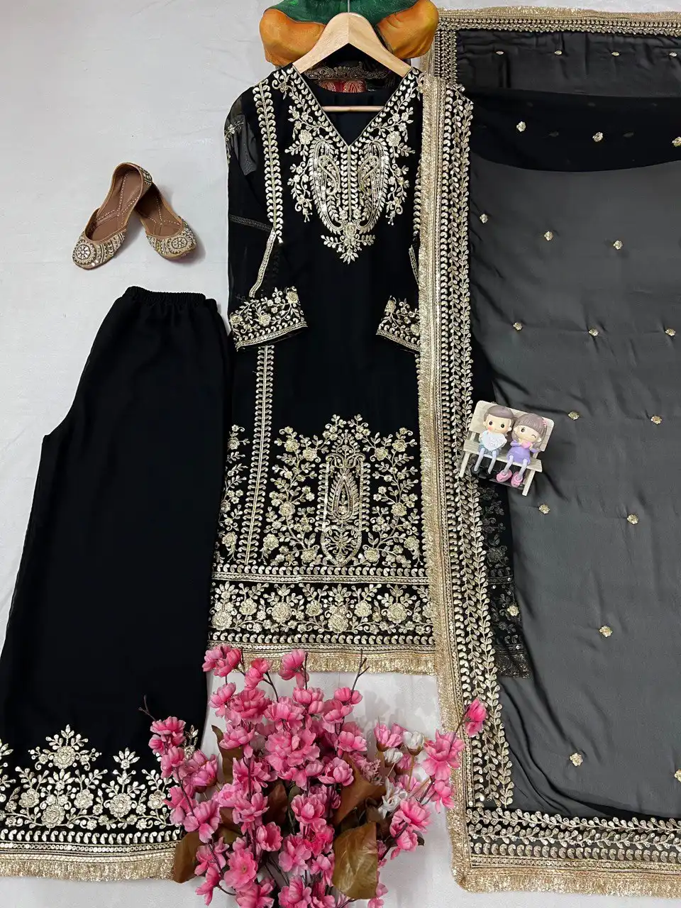 C585 1416 Black Georgette Readymade Dress 04 Pcs Set