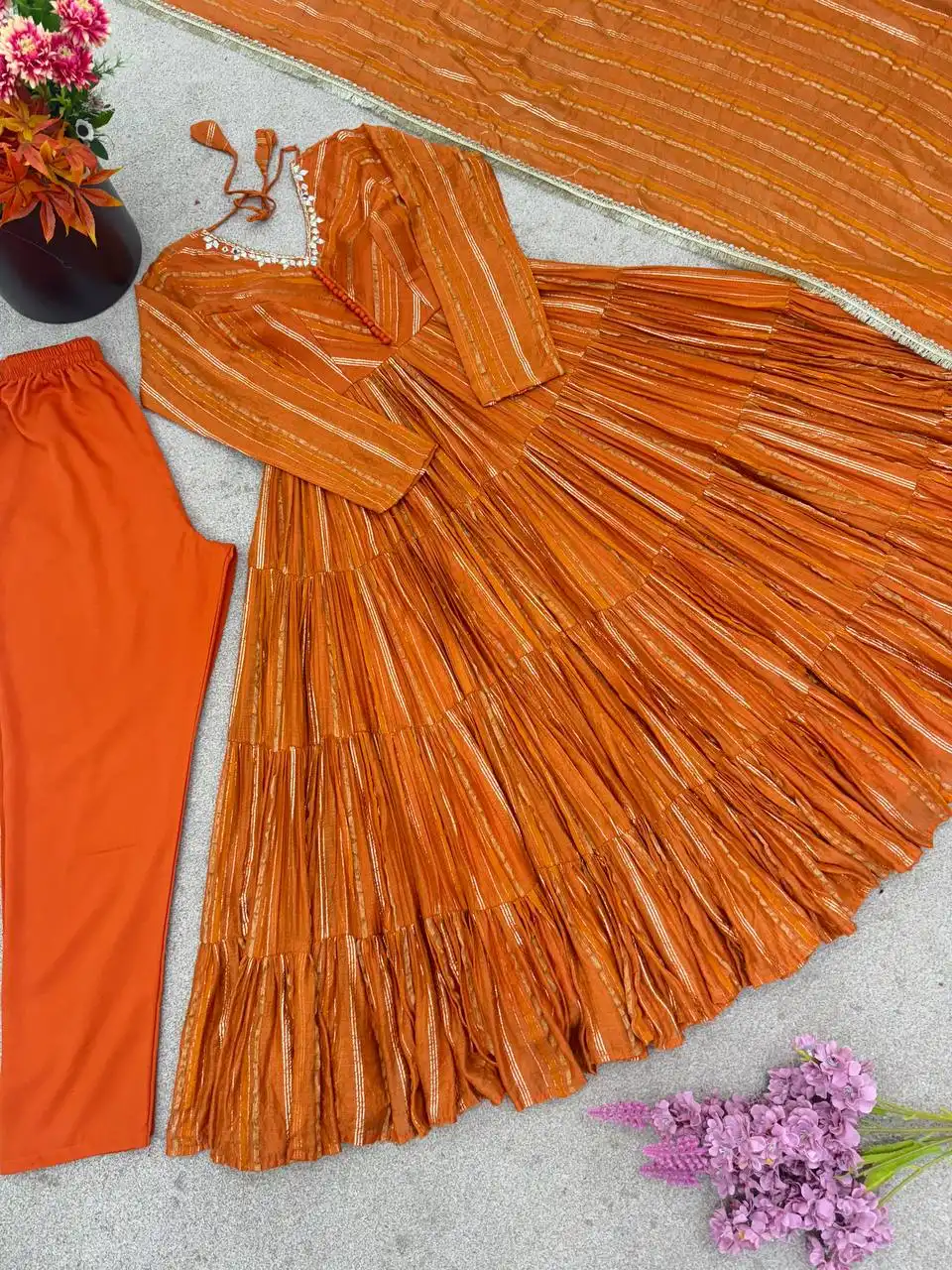 Sabina 5305 Orange Mal Chanderi Readymade Dress 04 Pcs Set