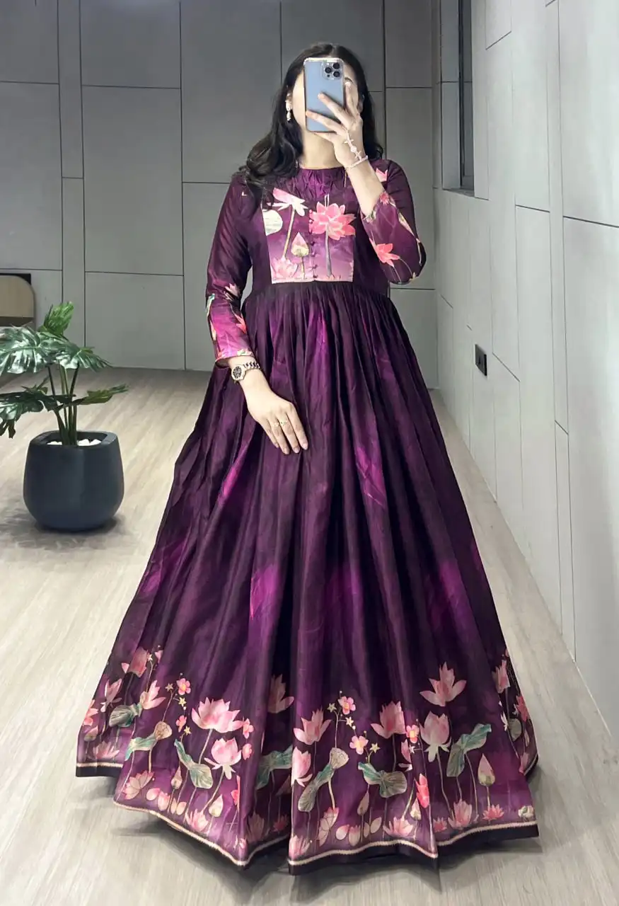 WMT 9031 Manipuri Silk Floral Printed Gown 03 Pcs Set