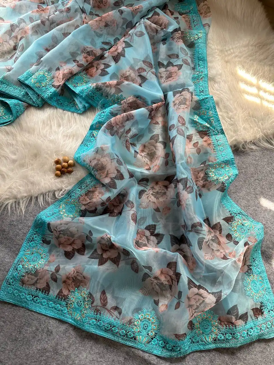 MHV Soft Organza Floral Printed Saree 05 Pcs Set