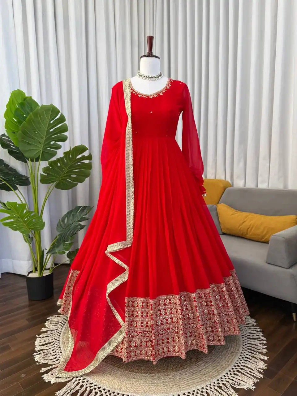 Deepika 5934 Red Gorgette Readymade Dress 04 Pcs Set