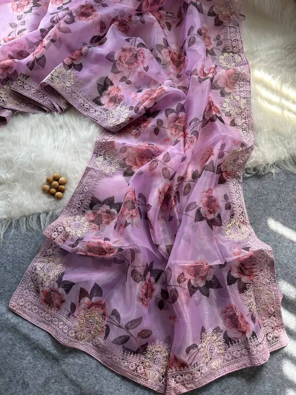 MHV Soft Organza Floral Printed Saree 05 Pcs Set