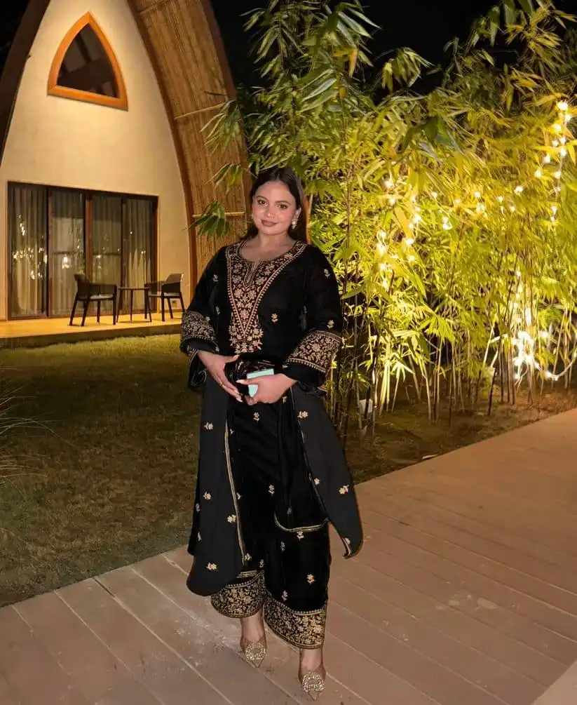 C585 1411 Velvet Embroidery Readymade Dress 02 Pcs Set