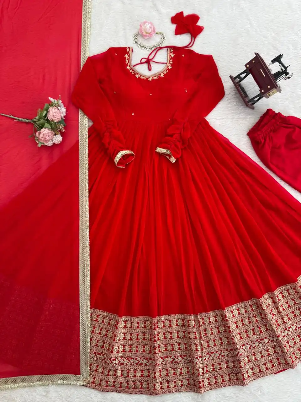 Deepika 5934 Red Gorgette Readymade Dress 04 Pcs Set