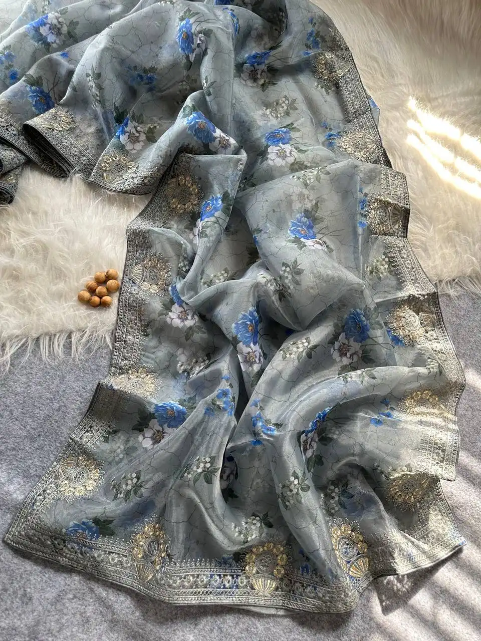 MHV Soft Organza Floral Printed Saree 05 Pcs Set