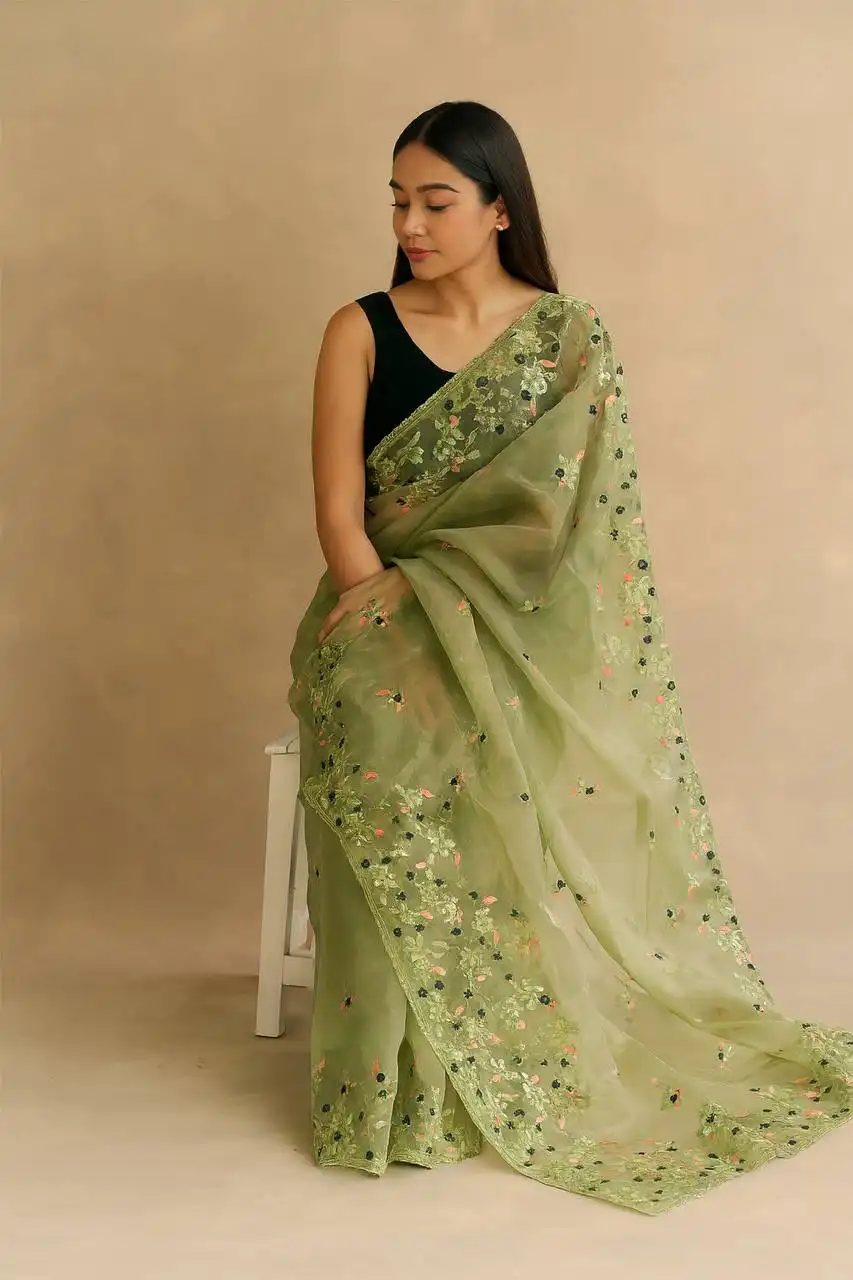 MHV Avantika Soft Organza Floral Saree 03 Pcs Set