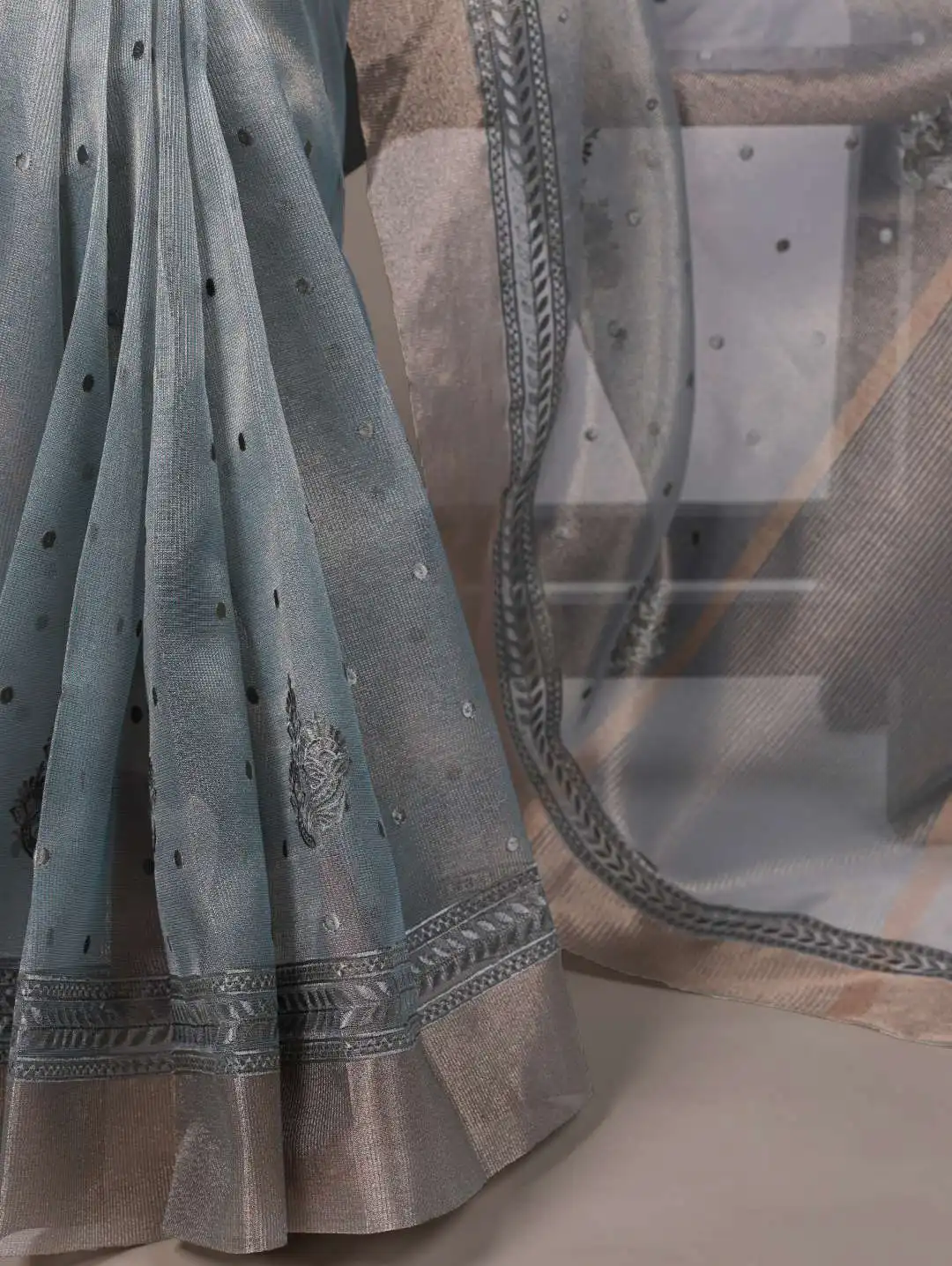 WMN 7402 Poly Shimmer Embroidery Saree 05 Pcs Set