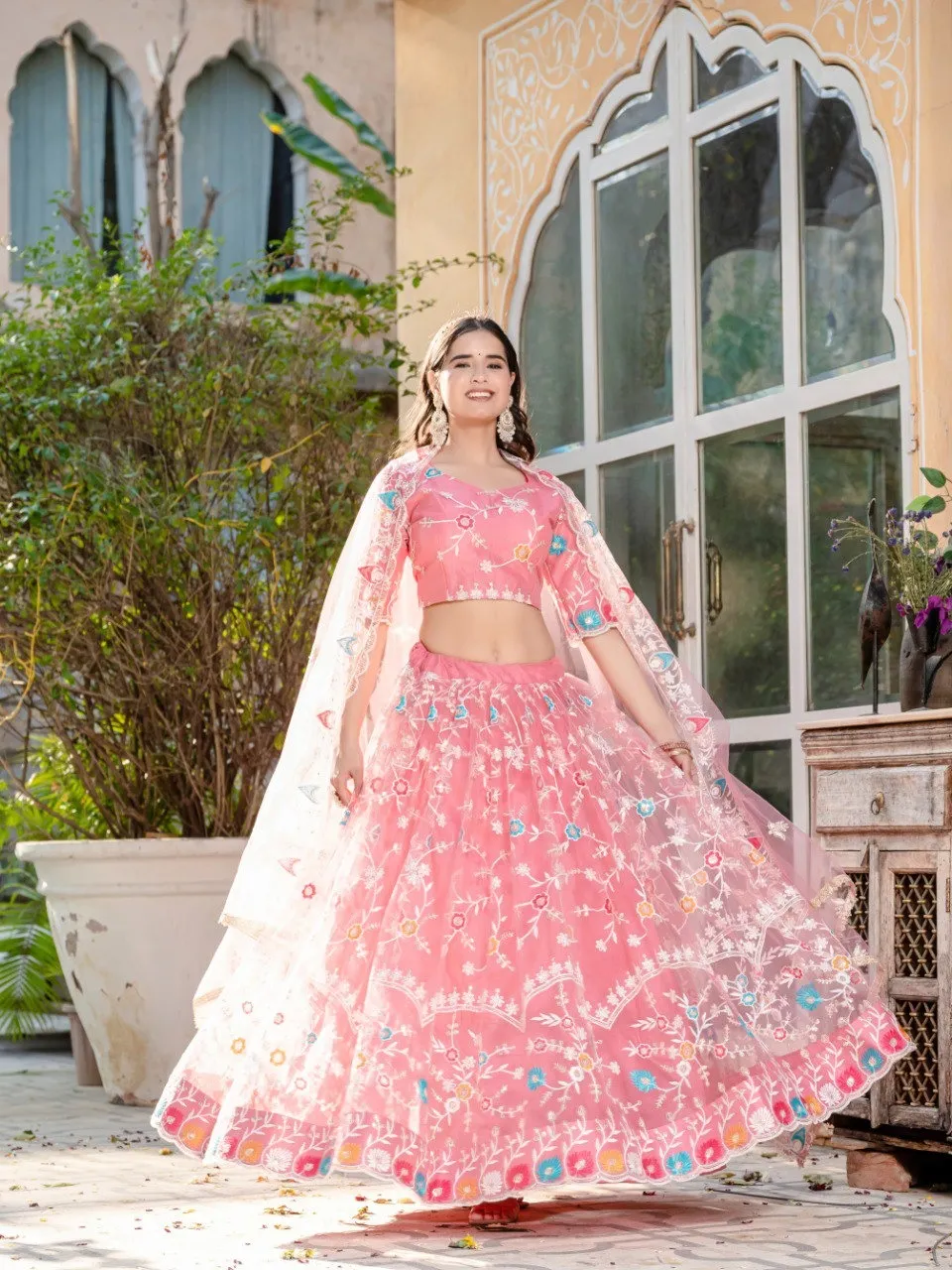 Aawiya 04 Pink Soft Net Thread Embroidery Lehenga Choli
