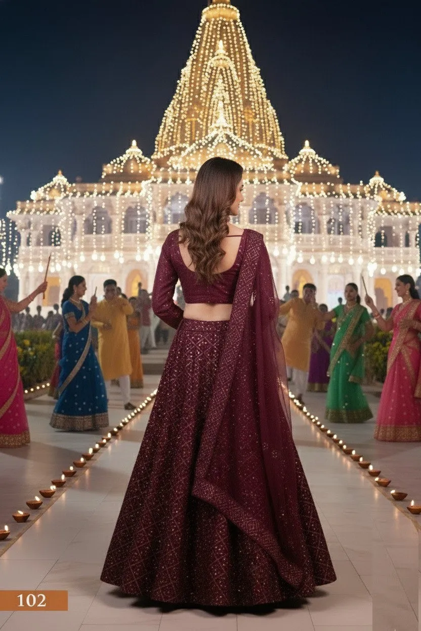 Aawiya 102 Wine Heavy Tebi Silk Party Wear Lehenga Choli
