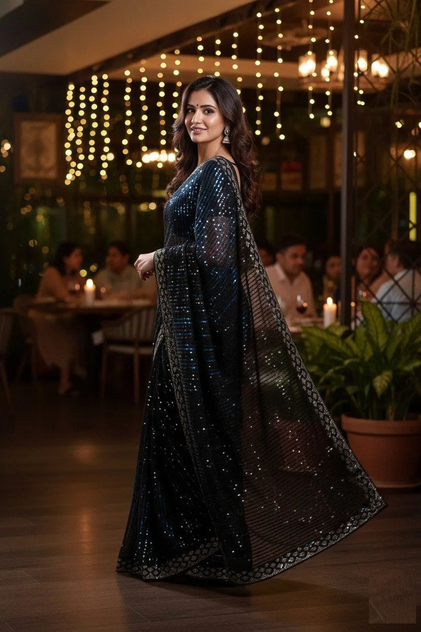 Aawiya 19 Black Georgette Sequence Party Wear Sarees