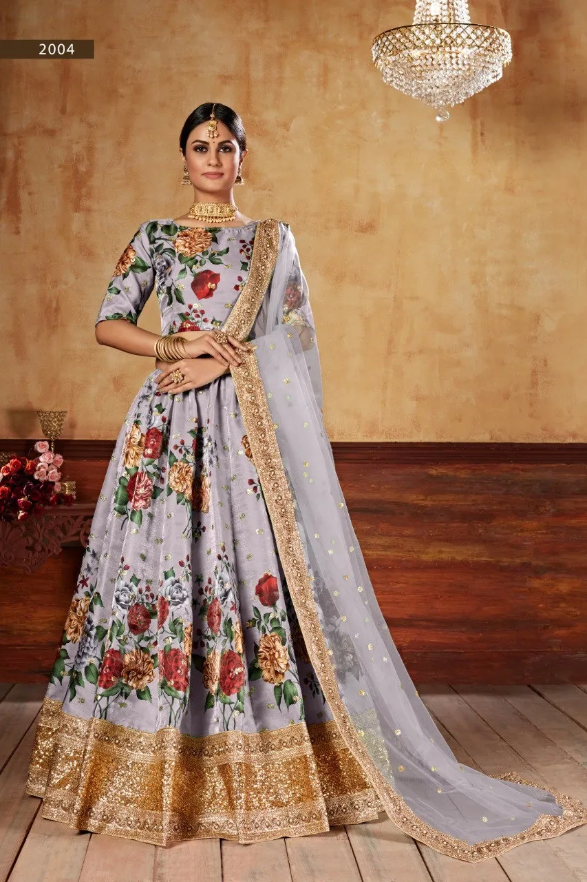 Aawiya 2004 Grey Fine Art Silk Flower Printed Lehenga Choli