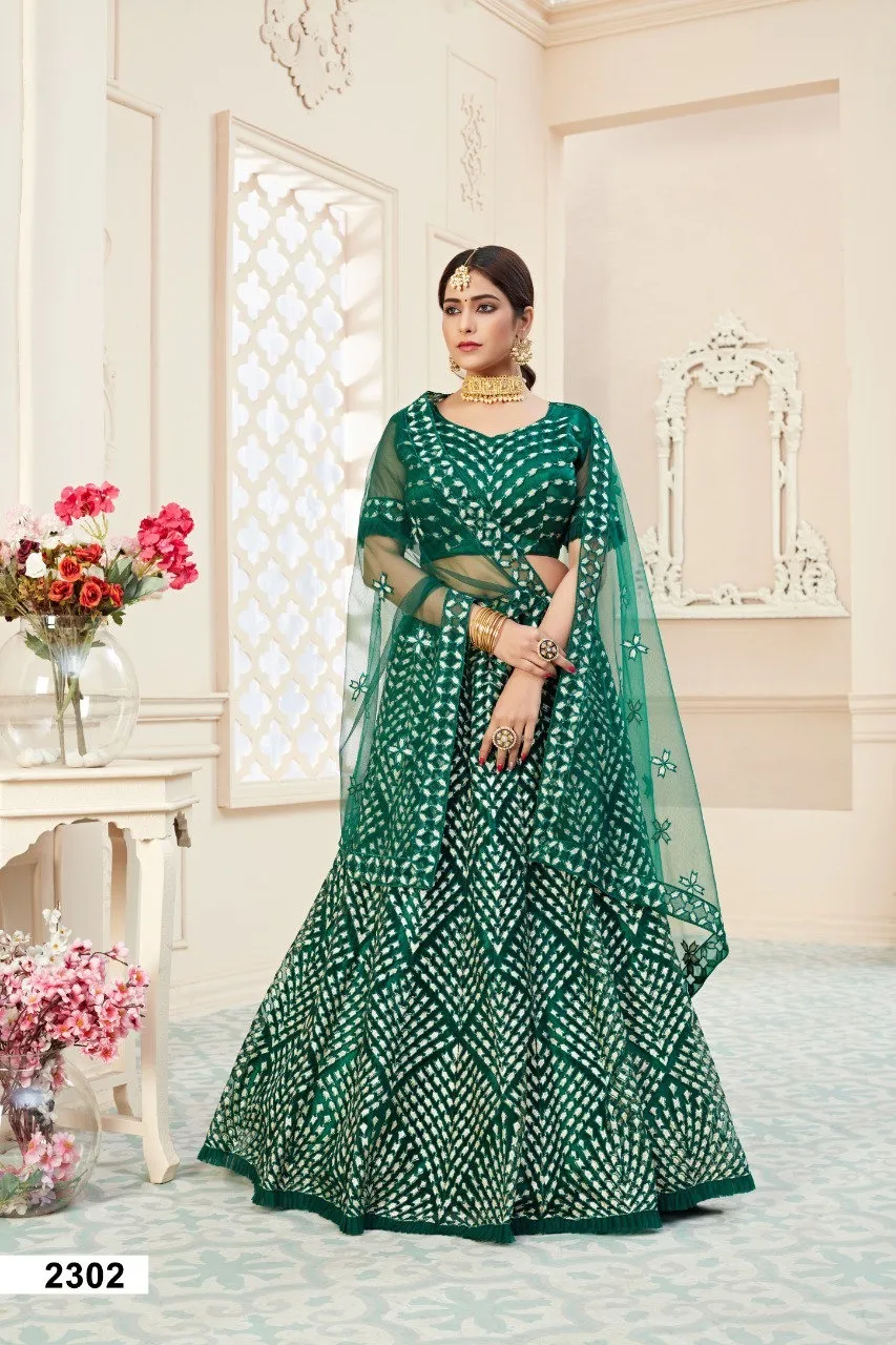Aawiya 2302 Green Soft Net Thread Embroidery Lehenga Choli