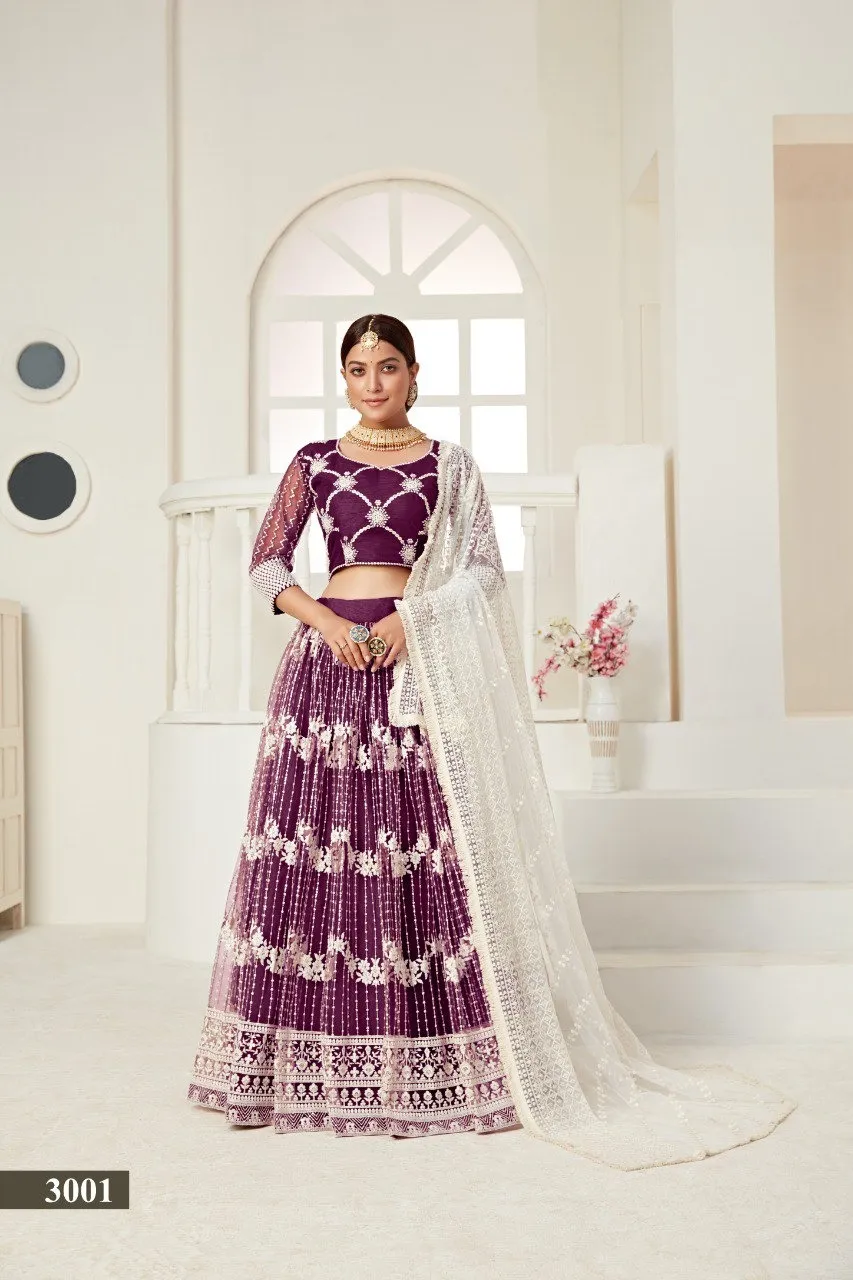 Aawiya 3001 Wine Butterfly Net Embroidery Lehenga Choli