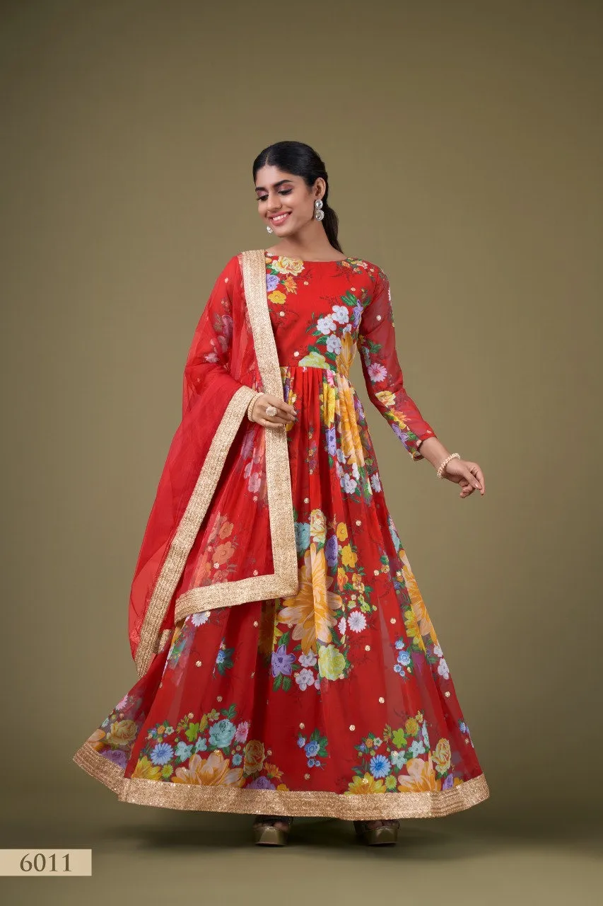 Aawiya 6011 Red Fox Georgette Floral Prined Readymade Dress