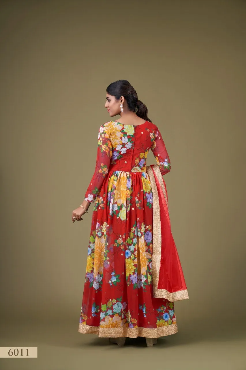 Aawiya 6011 Red Fox Georgette Floral Prined Readymade Dress
