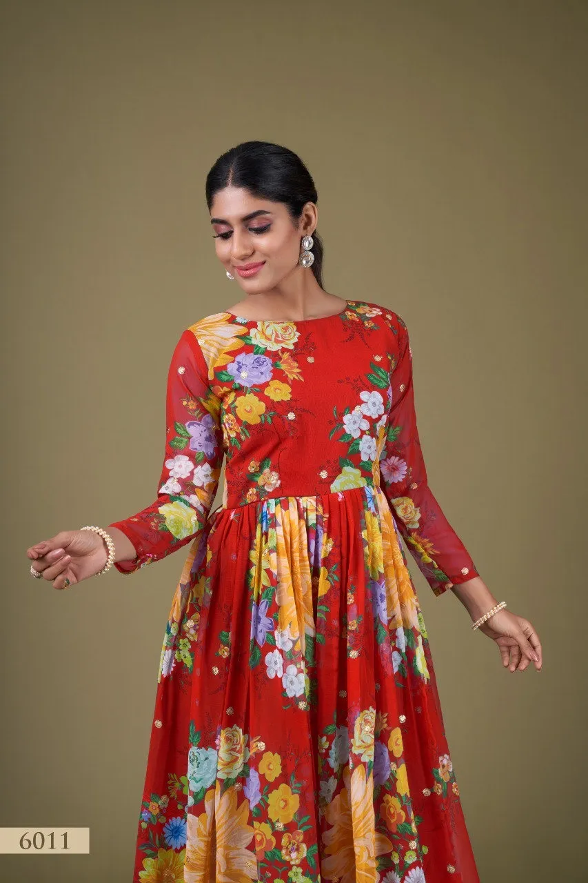 Aawiya 6011 Red Fox Georgette Floral Prined Readymade Dress