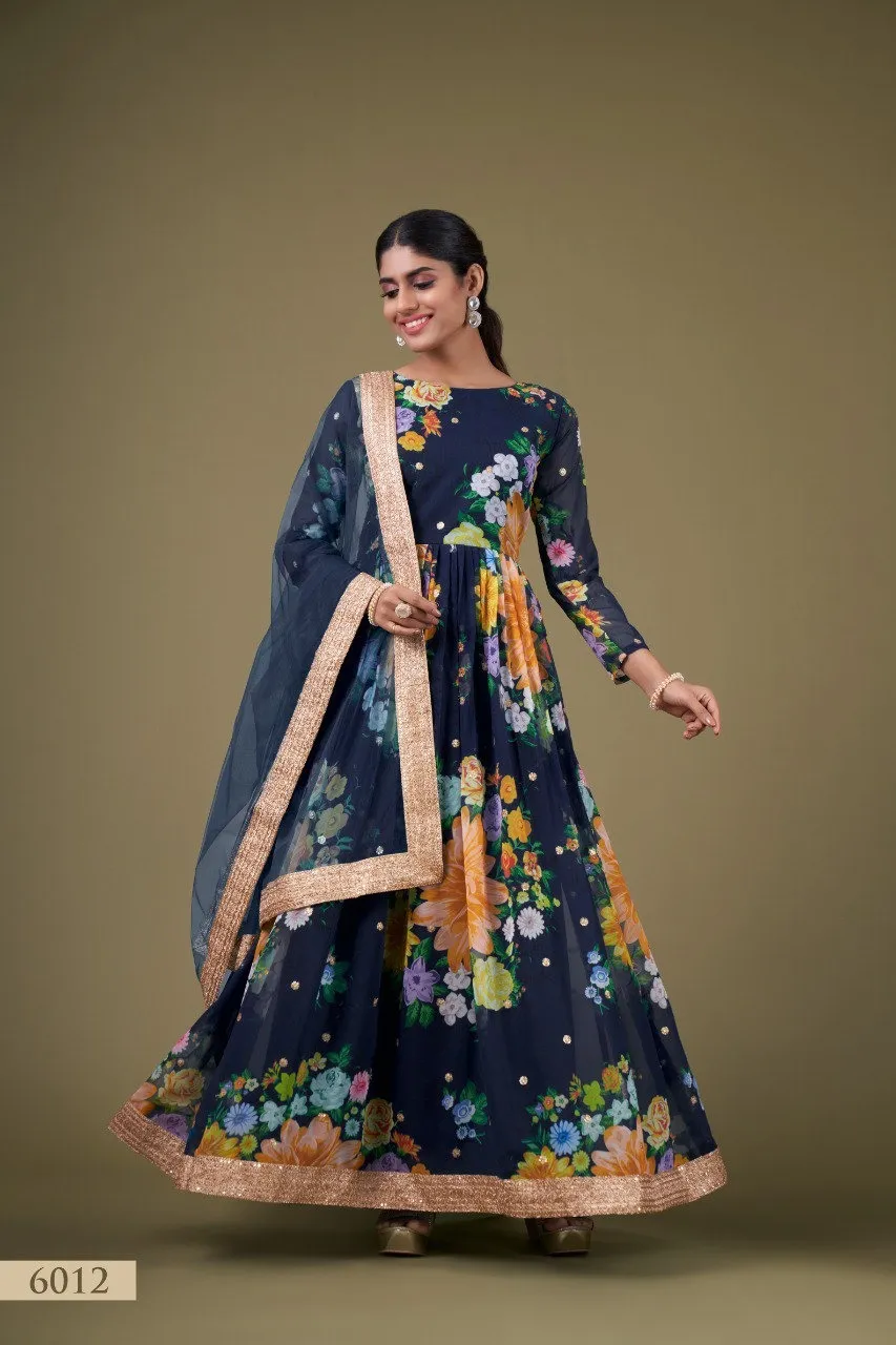 Aawiya 6012 Navy Blue Fox Georgette Printed Readymade Dress