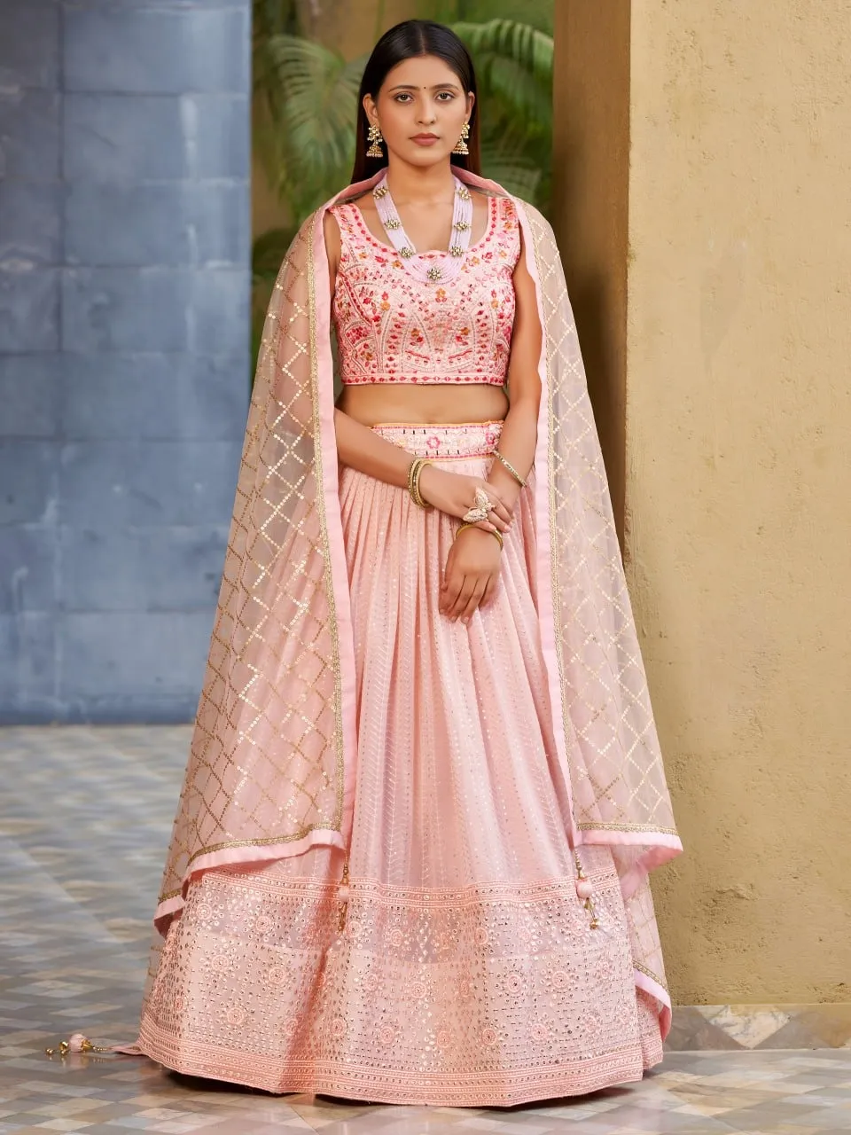 Aawiya 8009 Pink Georgette Zari Sequins Lehenga Choli