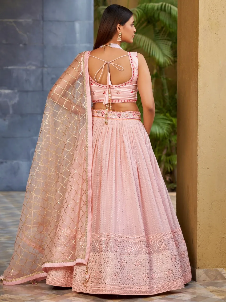 Aawiya 8009 Pink Georgette Zari Sequins Lehenga Choli