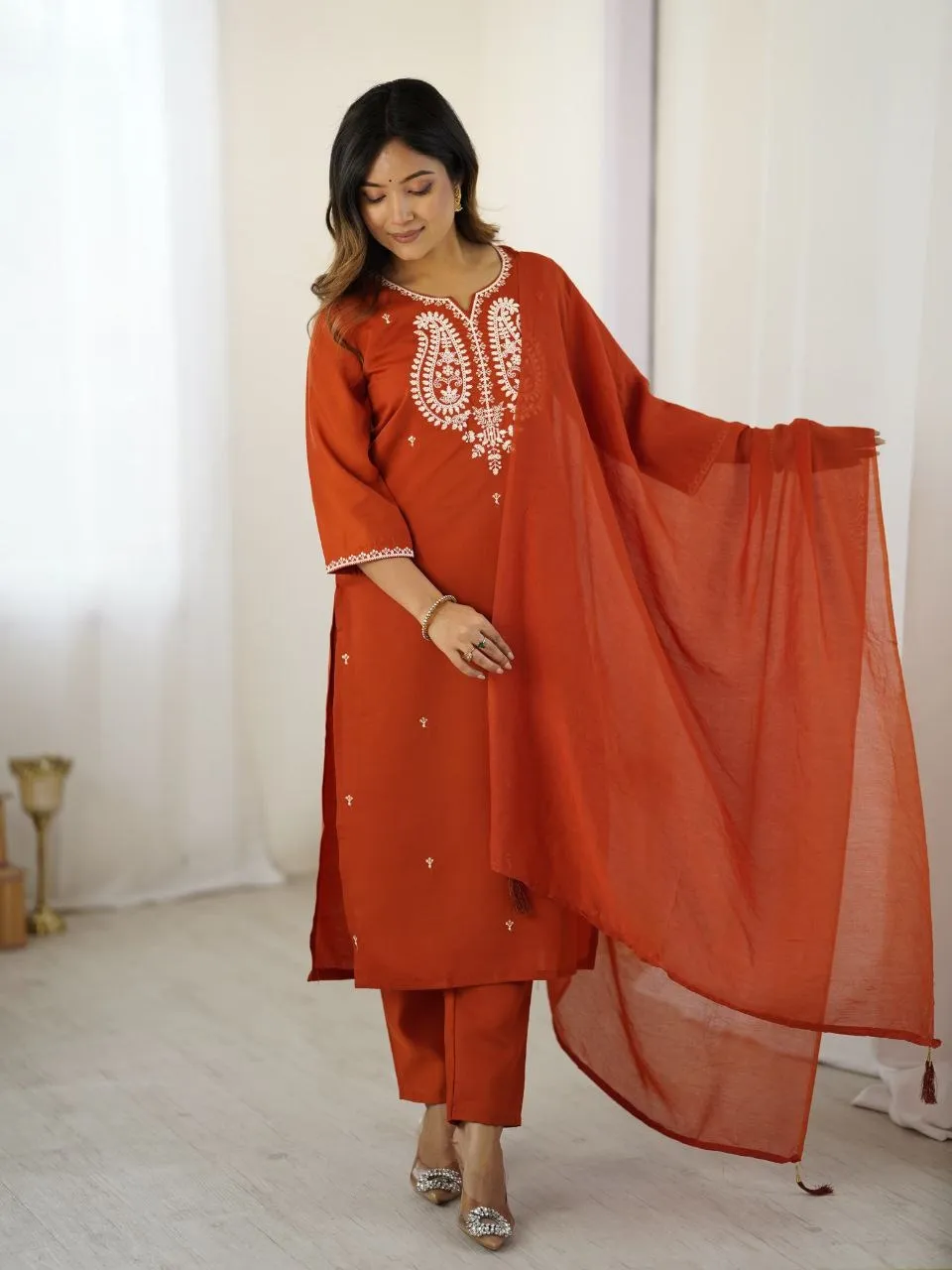 ATQ Vol 34 Orange Chnderi Silk Readymade Dress