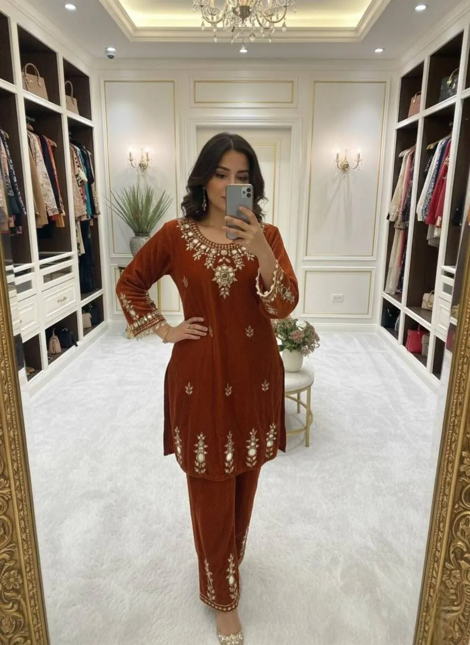 BV 423 Velvet Embroidery Mirror Work Winter Co Ord Set