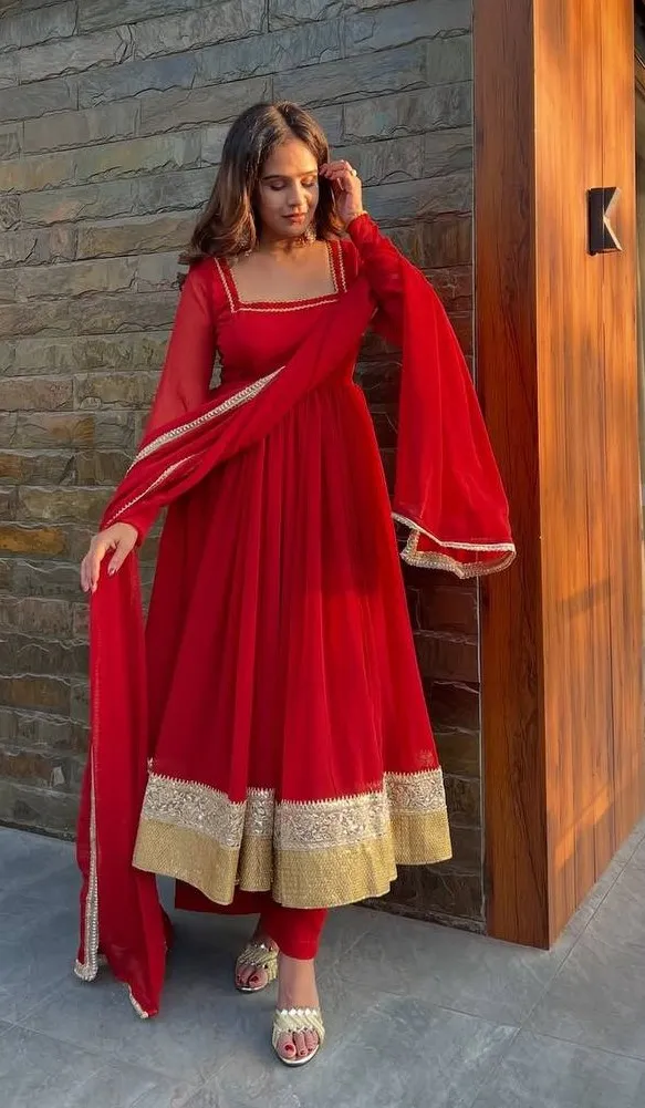 Deepika 5961 Red Blooming Gorgette Christmas Readymade Dress