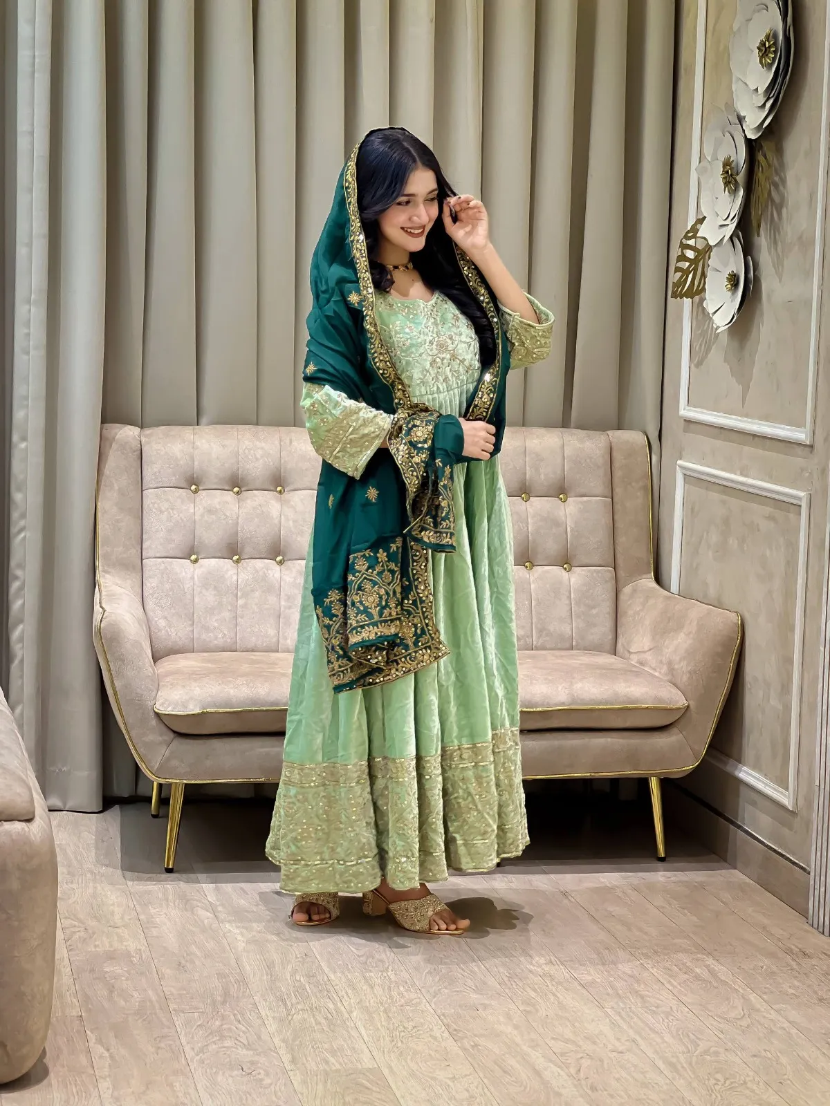 C585 1432 Velvet Zari Embroidery Winter Gown