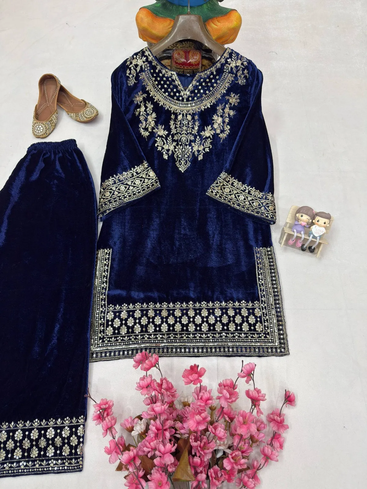 C585 1434 Navy Blue Velvet Embroidery Winter Readymade Dress