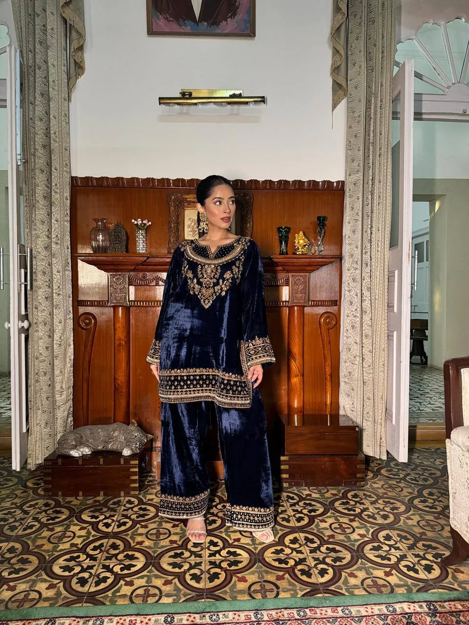 C585 1434 Navy Blue Velvet Embroidery Winter Readymade Dress