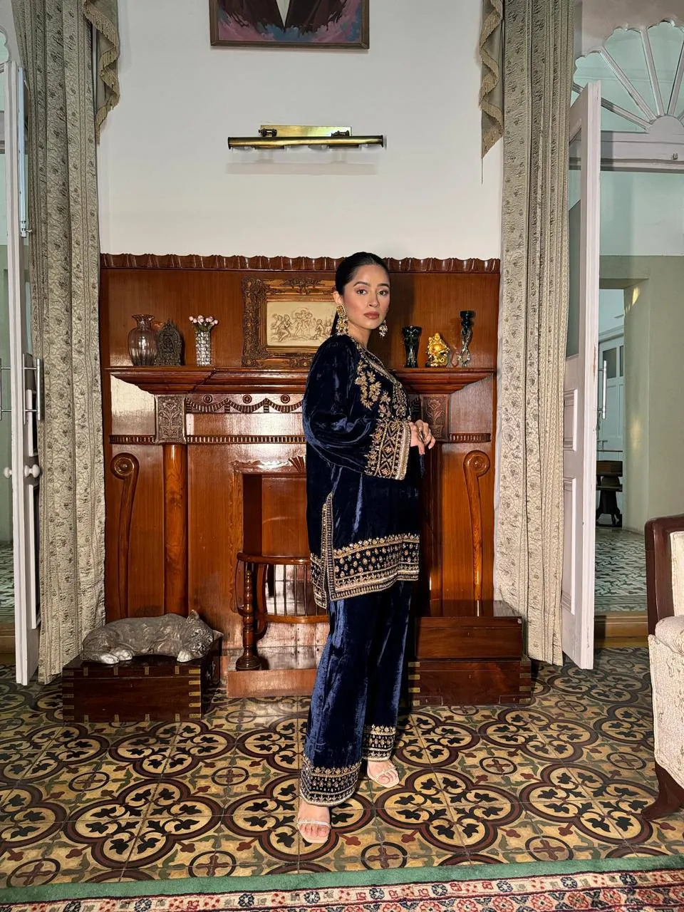 C585 1434 Navy Blue Velvet Embroidery Winter Readymade Dress