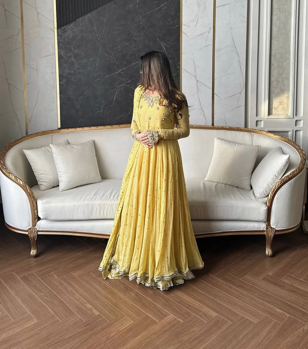 C585 1437 Yellow Faux Georgette Haldi Occasion Gown