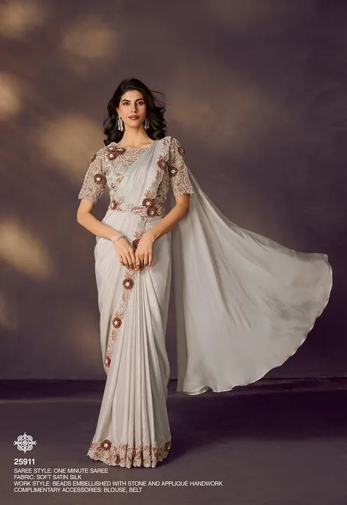 Celeste 25911 Silver Two Tone Satin Silk Ready To Wear Saree