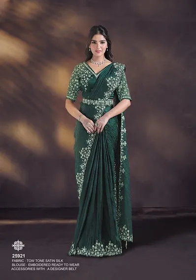 Celeste 25921 Dark Green Two Tone Satin Silk Ready To Wear Saree