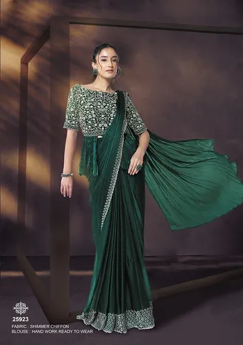 Celeste 25923 Dark Green Shimmer Chiffon Designer Ready To Wear Saree