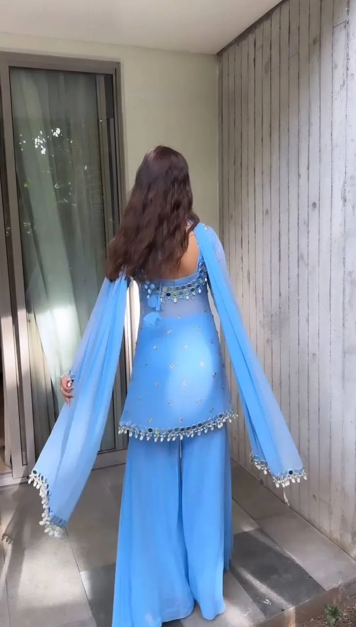 Deepika 5779 Sky Blue Foux Gorgette Mirror Kodi Lace Readymade Dress